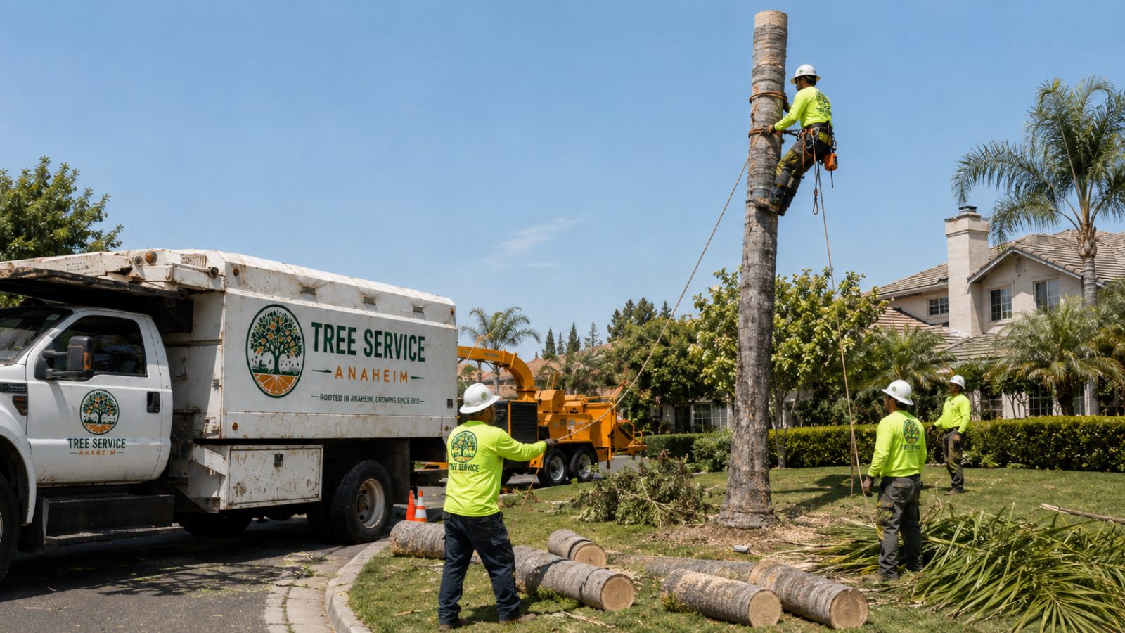 Palm tree removal in Anaheim, California Tree crew carrying out palm tree removal in Anaheim, California