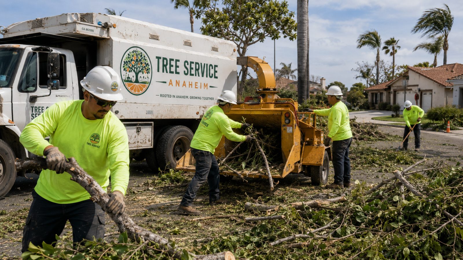 Storm cleanup in Anaheim, California Tree crew clearing storm-damaged branches and debris in Anaheim