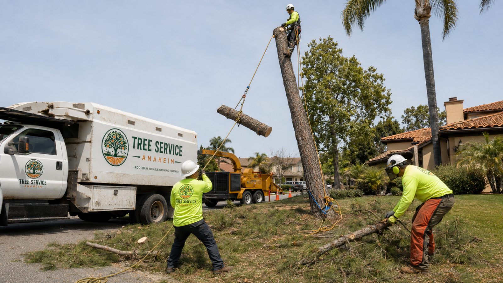 Tree removal in Anaheim, California Tree removal crew working around an Anaheim property