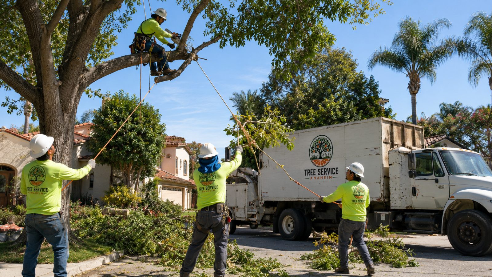 Tree service in Anaheim, California Tree service crew working on a mature tree in Anaheim, California